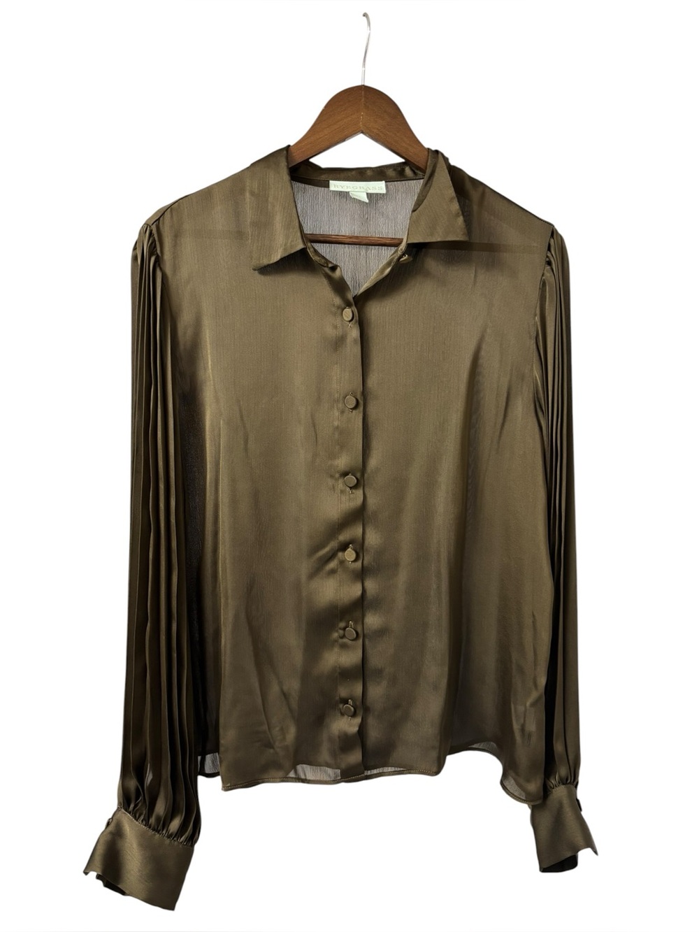 Ryegrass Military olive green silky satin long pleated sleeves button up top XL